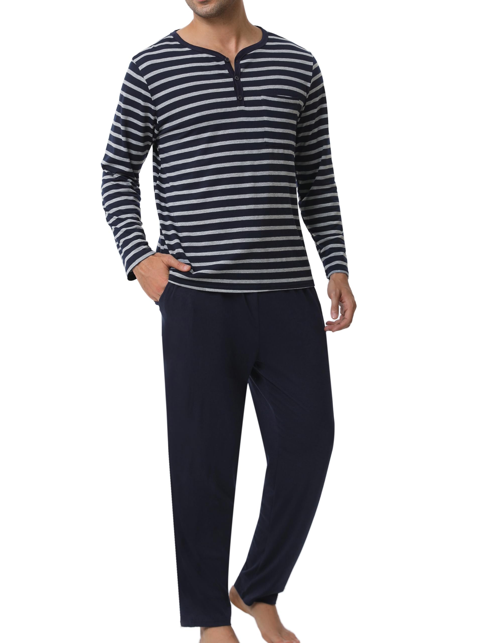 Pijamas Hombre Algodón Cuadros Invierno Camiseta Pantalón Largo Elástico Set Botones y Ropa de Dormir Manga Larga Entretiempo Tops Cómodo