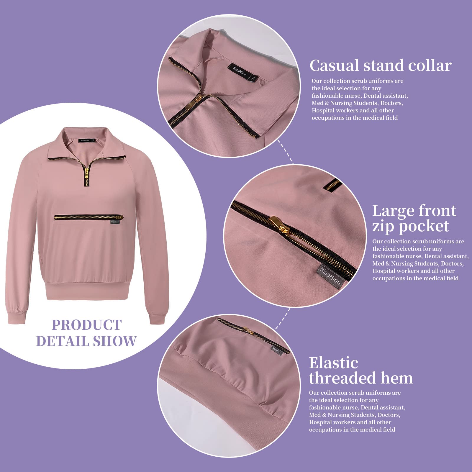 niaahinn Women's Scrub Top Workwear V- Neck Long Sleeve T-Shirt Women's Medical Uniform Top (Pink,XL,X-Large)