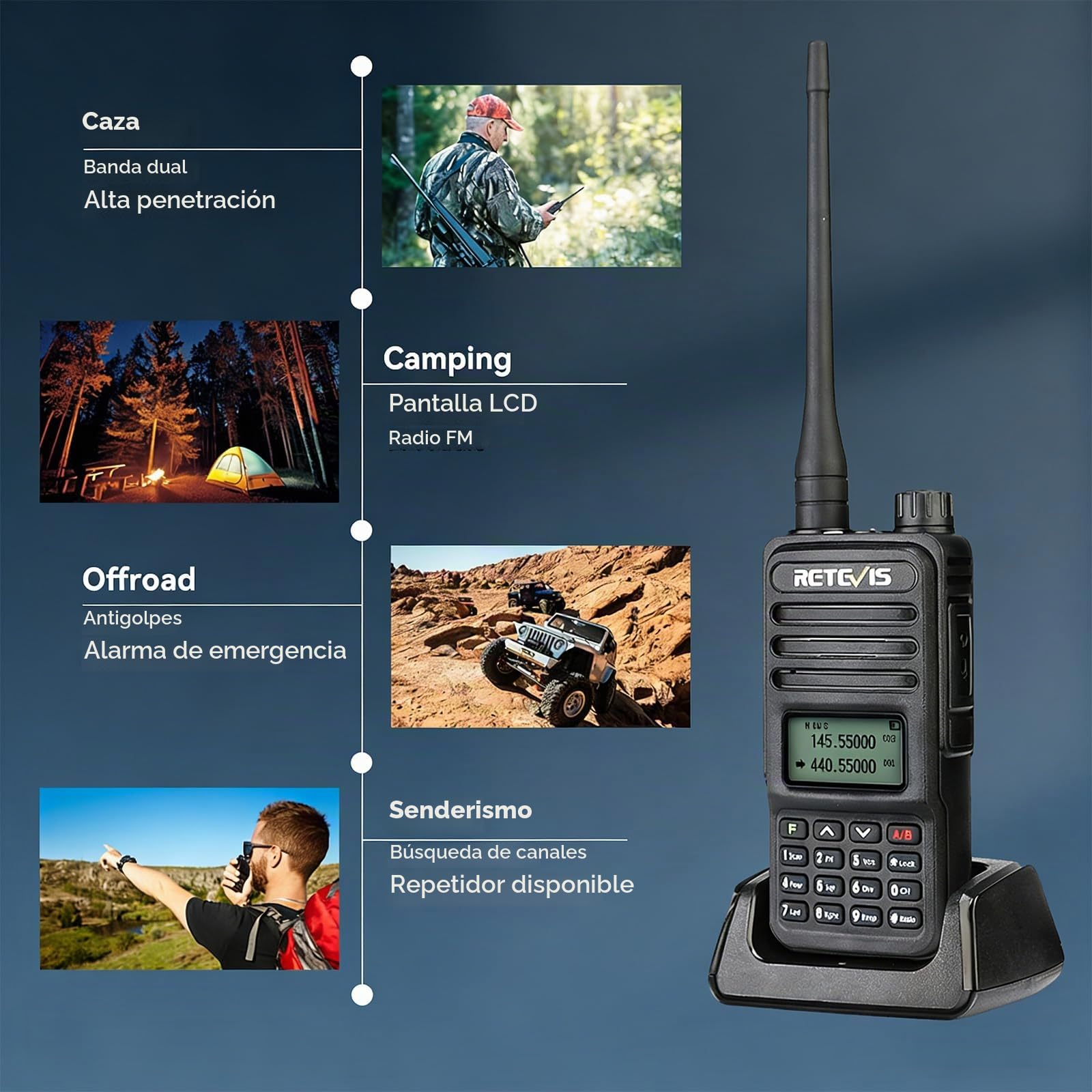Retevis RT85 Emisora Doble Banda, Walkie Talkie Profesional (2 Piezas) | 1750Hz, 200 Canales DTMF FM Radio, Llamada de Emergencia, Largo Alcance Emisora 1400mAh para Caza, Senderismo