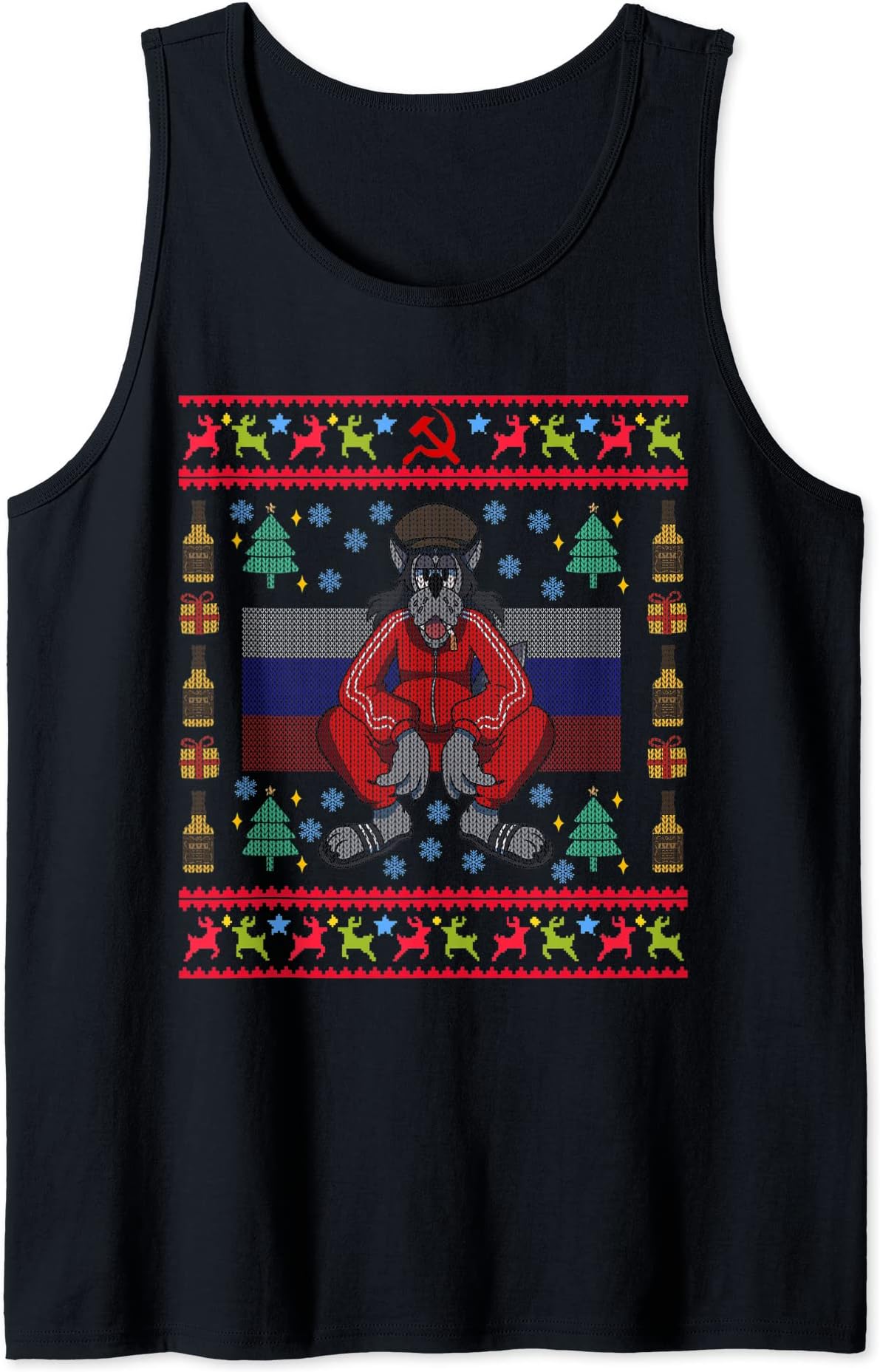 Russian Gopnik Wolf Squat Nu Pogadi Cartoon Ugly Christmas Tank Top