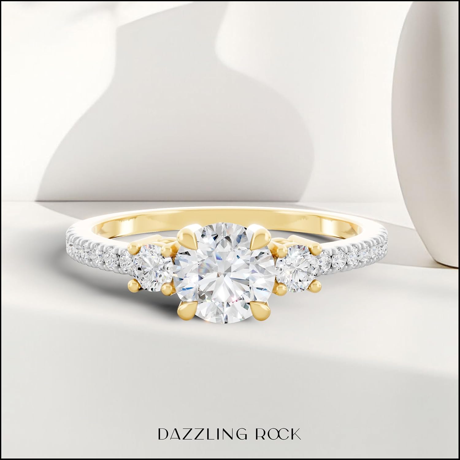 Round Lab Grown White Diamond Classic Three Stone Engagement Ring for Women in 10K Solid Gold