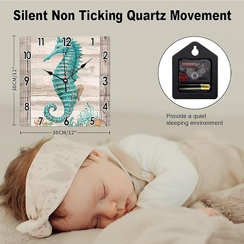 Miniatura 2 de Reloj rústico vintage de 12 x 12 pulgadas, estilo vintage, con acuarela, caballito de mar, PVC, para pared, playa, casa, verano, cocina, comedor