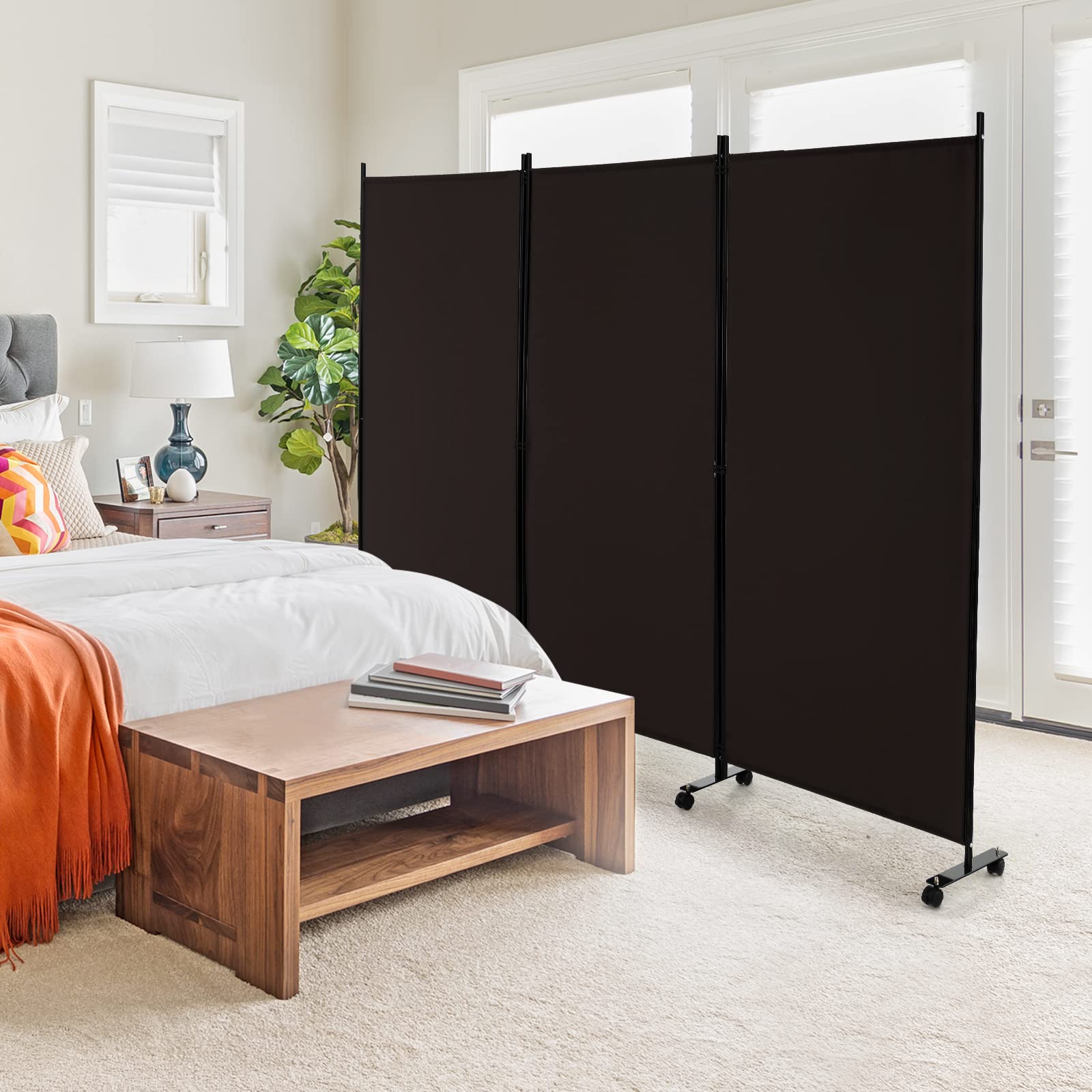 GIANTEX 262 x 180 cm - Paravent de séparation de pièce avec roulettes - en 3 Parties - Autonome - Pliable - Mur Espagnol - en Tissu - Fer - Protection privée pour Chambre à Coucher (Marron)