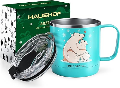 Miniatura 1 de HAUSHOF Taza de Navidad, tazas de café de 14 onzas para Navidad, tazas de café de Navidad de acero inoxidable con tapa y asa, tazas de café de