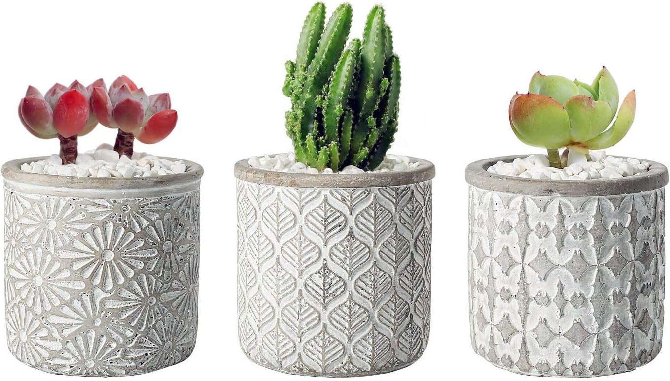 T4U 10.5CM Cement Pot Grey Set of 3, Small Concrete Succulent Round Planter Vase Plant Herb Cactus Container Window Box Holder for Home and Office Decor Birthday Wedding