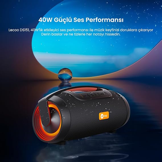Lecoo DS151 Kablosuz Bluetooth 5.0, 40W Güçlü Ses, RGB Aydınlatmalı, IPX5 Suya Karşı Dayanıklı, TWS Boombox Stereo Taşınabilir Hoparlör