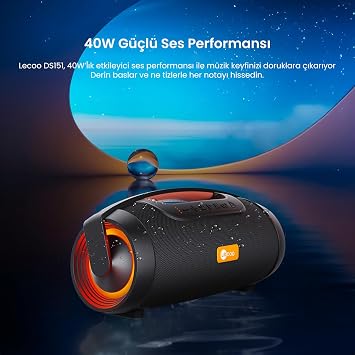 Lecoo DS151 Kablosuz Bluetooth 5.0, 40W Güçlü Ses, RGB Aydınlatmalı, IPX5 Suya Karşı Dayanıklı, TWS Boombox Stereo Taşınabilir Hoparlör