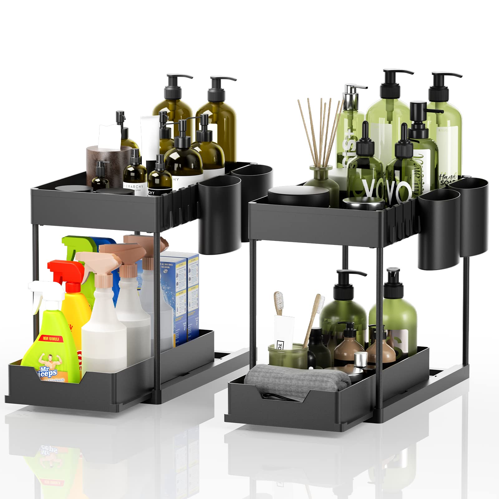 NEAGLORY 2 Pack Under Sink Organizer and Storage, Under Cabinet Organizer, Under Sink Shelf, 2 Tier Sliding Under Sink Drawers for Kitchen Bathroom, Black