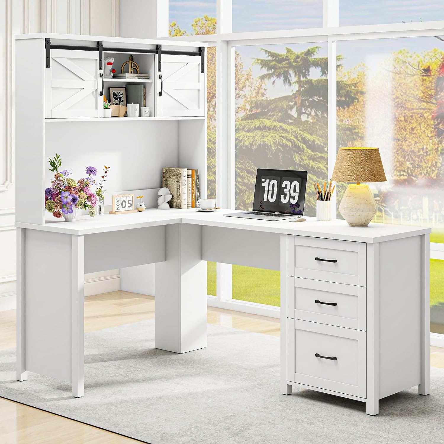 Farmhouse 68" L Shaped Fluted Desk with Hutch,Office Table with 3 Drawers and Sliding Doors, Executive Desk with File Drawers and Charging Station,Light Strip, Wood Workstation for Home Office,Oak