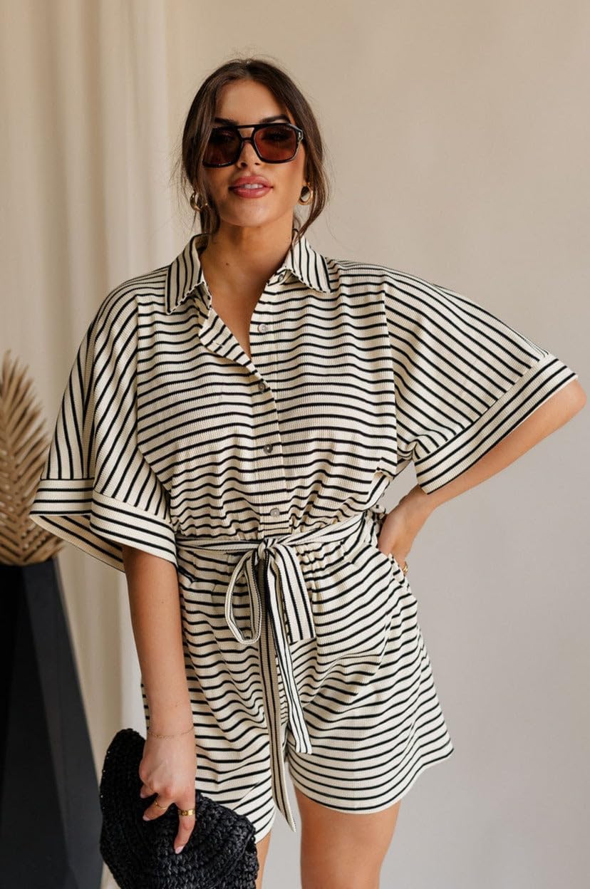 Yousify Womens Summer Casual Striped Rompers Short Sleeve Button Down Belted Elastic Waist Short Jumpsuit - Image 3