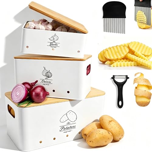 5 Pack Potato Onion Garlic Storage Set,Carbon Steel Onion Garlic Potato Storage Set with Peel &Crinkle Cutter,Vegetable Storage Bins with Holes Bamboo Lids,Stackable Container for Countertop Pantry
