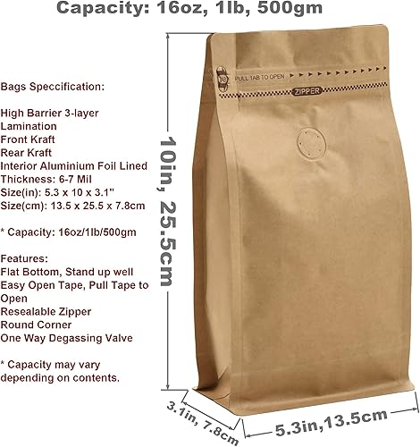 Miniatura 2 de 50 bolsas de café de papel kraft de alta barrera de 16 onzas, bolsas de café de fondo plano con válvula de liberación de aire y cremallera lateral
