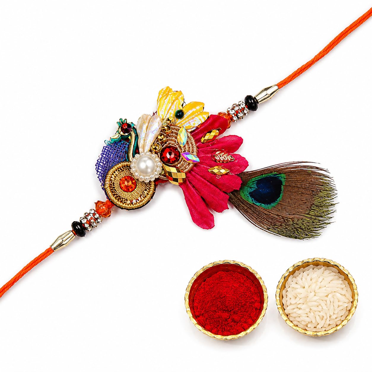 Handcrafted Peacock Feather Rakhi for Brother with Roli Chawal Set – Designer Designer Mayur Rakhi with Pearl, Crystal Zardosi Work & Orange Thread for Raksha Bandhan-image-23