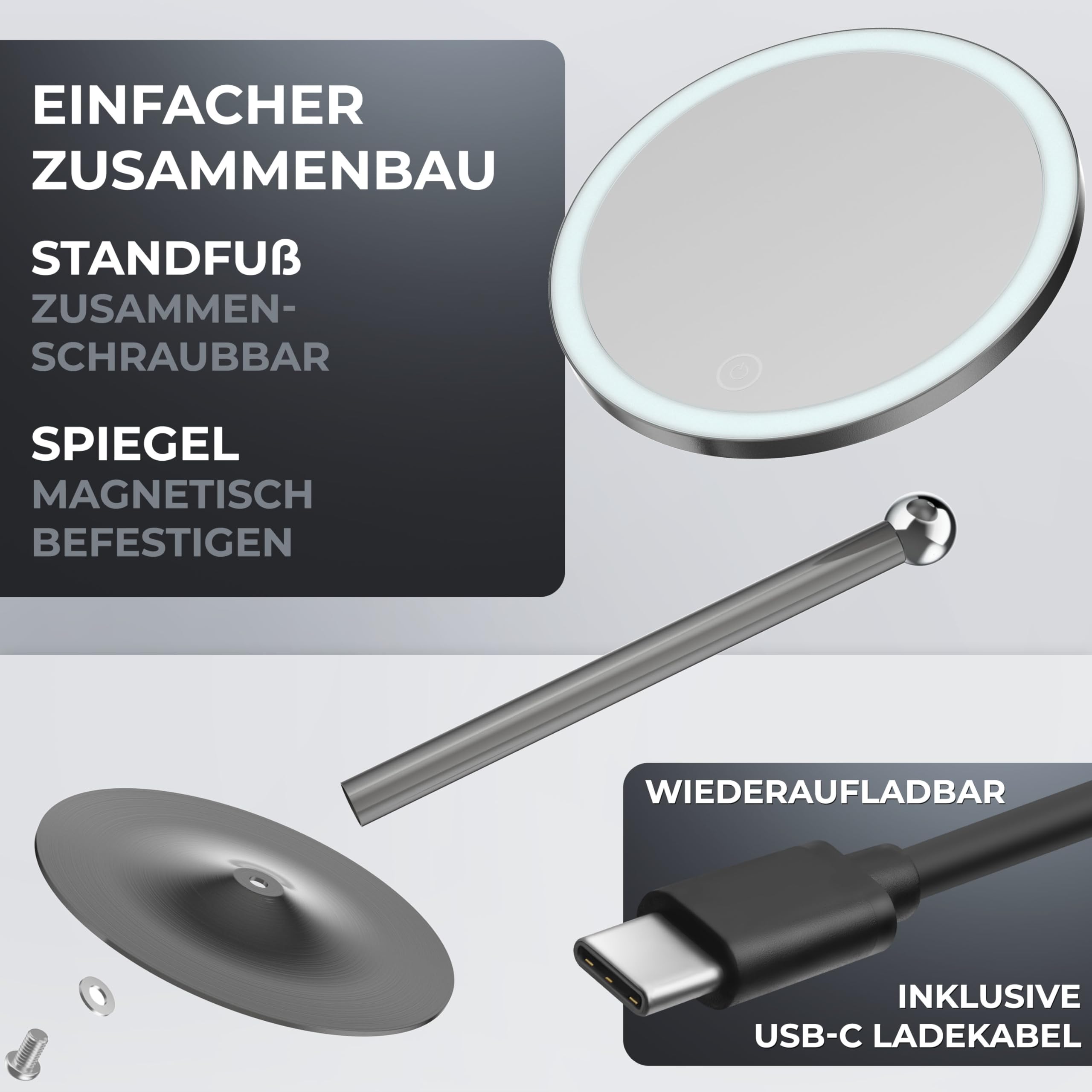ovimar Larstind Gunmetal - Espejo de maquillaje con iluminación (recargable, independiente, para baño, 5 aumentos, espejo de 360 grados