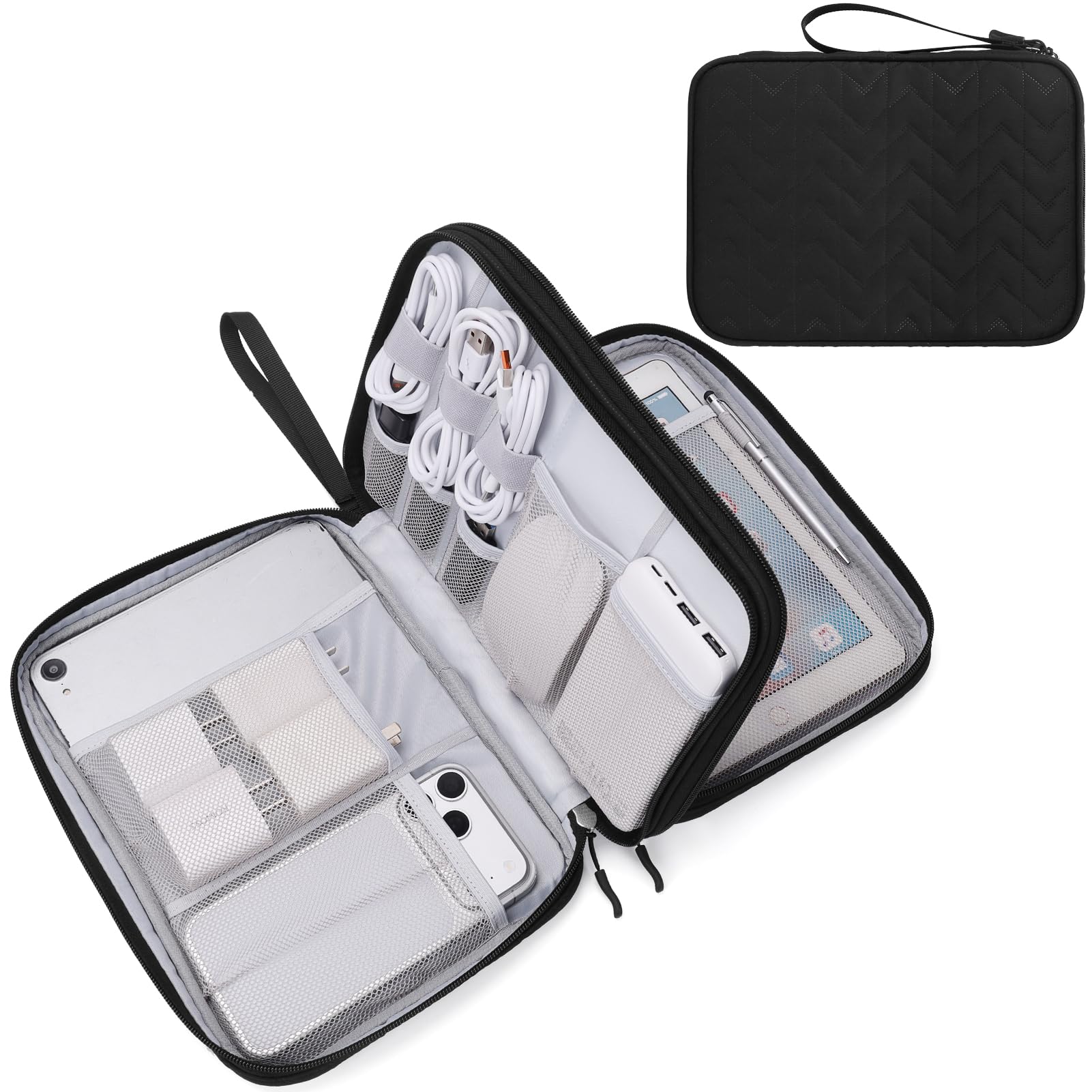 FYY Electronic Organizer, Travel Tech Pouch Bag, Extra Large, Black Quilted