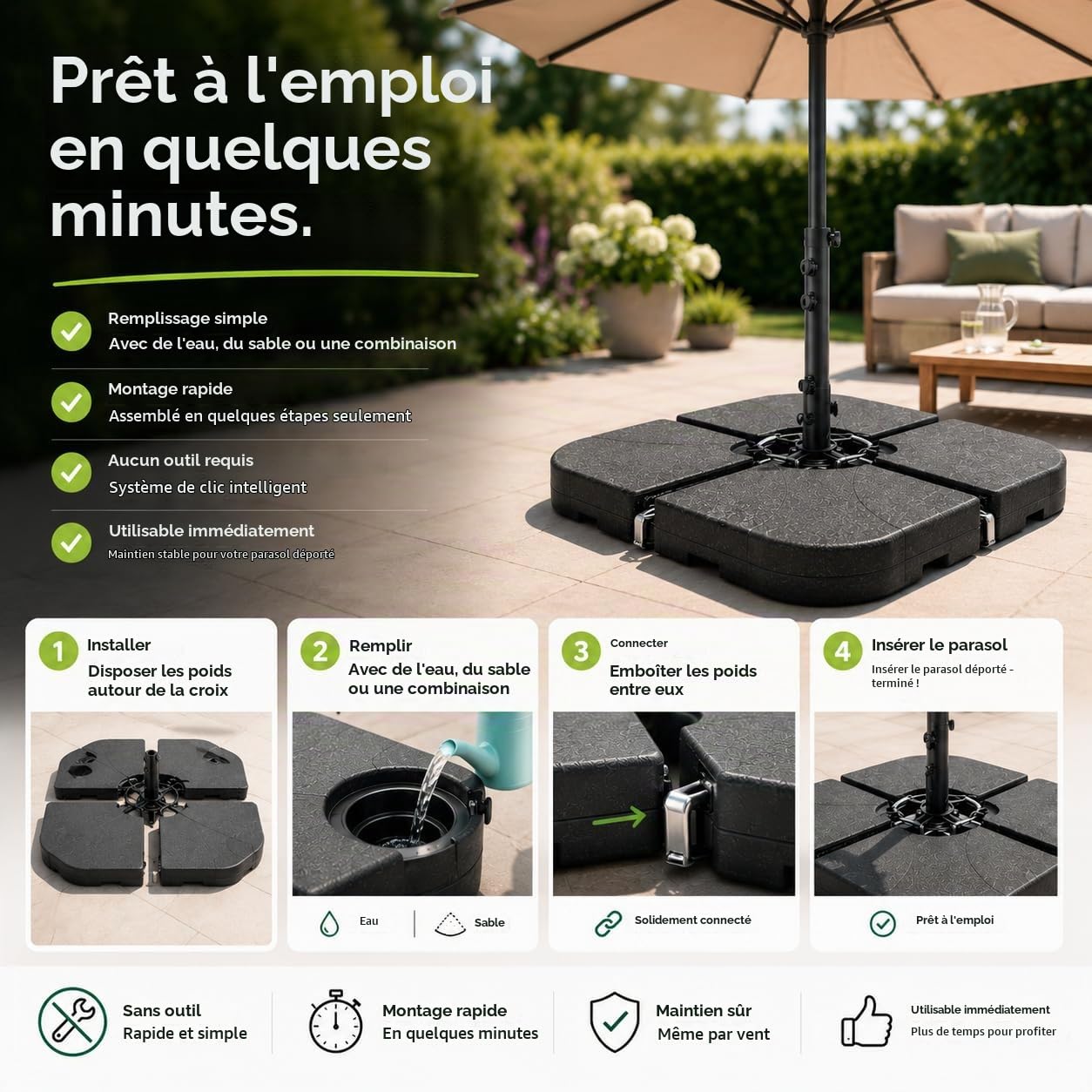 Pied de parasol pour parasol déporté - Poids remplissables pour croix de sol en plastique - Pied de parasol pour parasol - Pied de parasol déporté (4 pièces jusqu'à 80 kg, plastique)