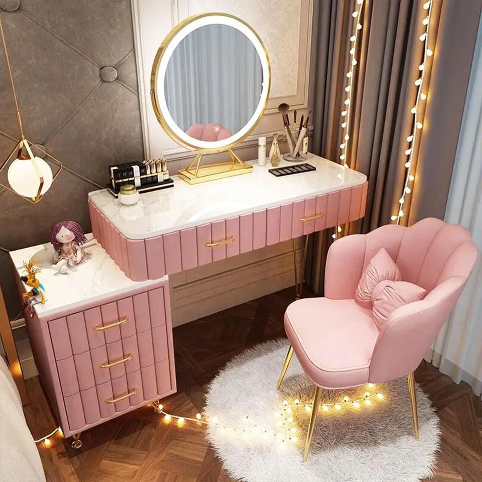 asdchZen Modern Makeup Vanity Desk With 5 Drawers Adjustable Brightness & 3 Lighting Modes Stylish Dressing Table For Bedroom For Women & Girlfriends