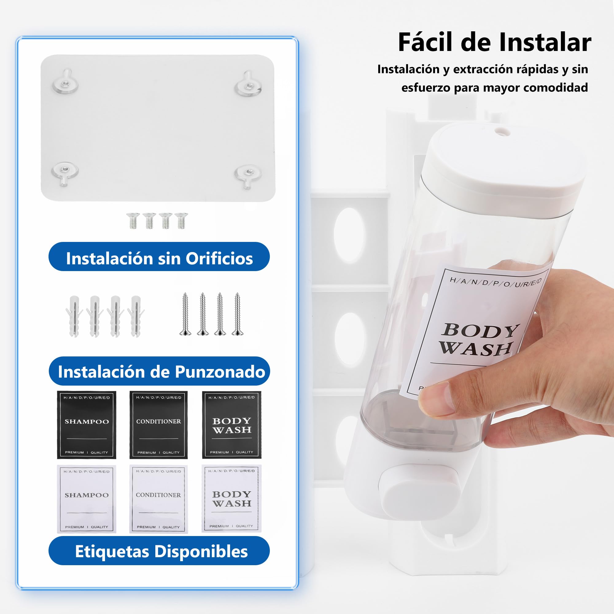 Dispensador Jabón Baño para Montaje en Pared, Dispensador de Jabón Líquido, Dispensador Gel y Champu Ducha para Hotel, Hogar,2x300ml(Blanco)