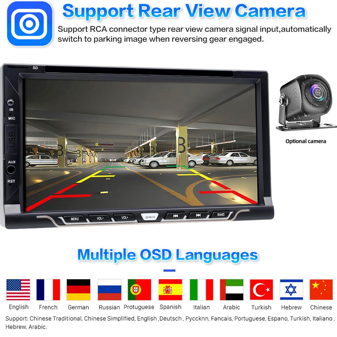Autoradio Double Din de 7" pour CarPlay sans fil & Android Auto, récepteur lecteur CD/DVD pour voiture avec écran tactile, Bluetooth, caméra de recul, RDS/AM/FM,Mirror Link,Subwoofer,USB/AUX/SWC/DSP