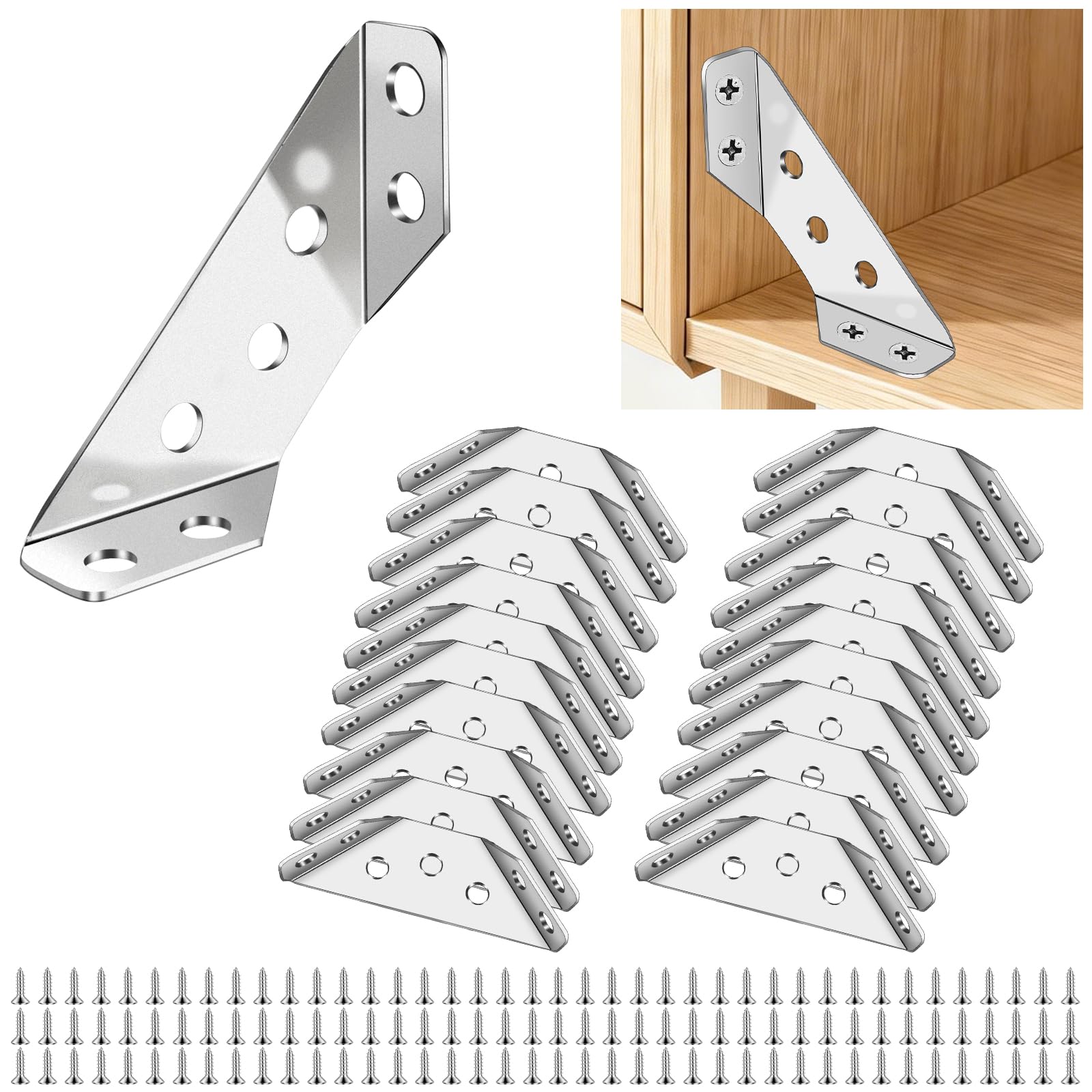 SHBAOCH 20PCS Corner Connector, Stainless Steel Angle Brackets, Triangle Angle Fastener Corner Brackets for Shelf Cabinet Table Chair Desk