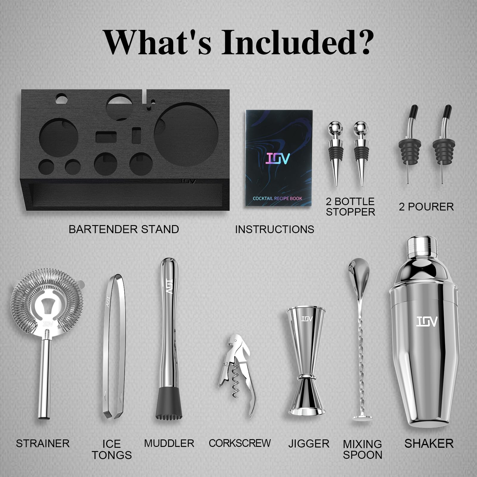 IOV Mixology - Kit de barman con soporte, juego de coctelera de 12 piezas, juego de coctelera Martini de 24 onzas para mezclar bebidas, juego de bar incluye todas las herramientas de barra y folleto
