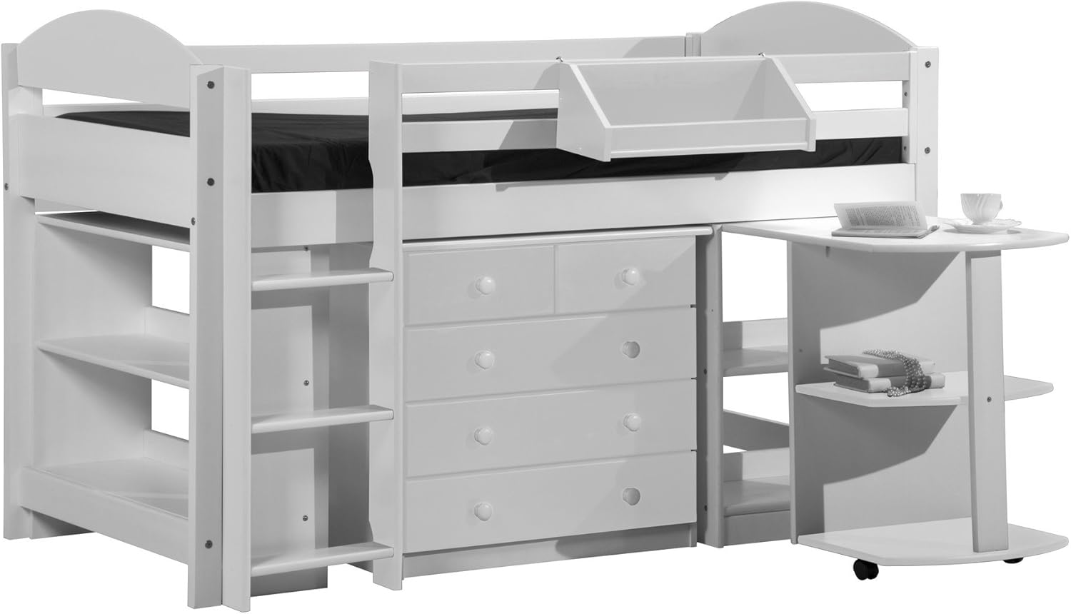 Mid Sleeper Cabin Bed, White & White Maximus Set Desk, 3+2 Chest