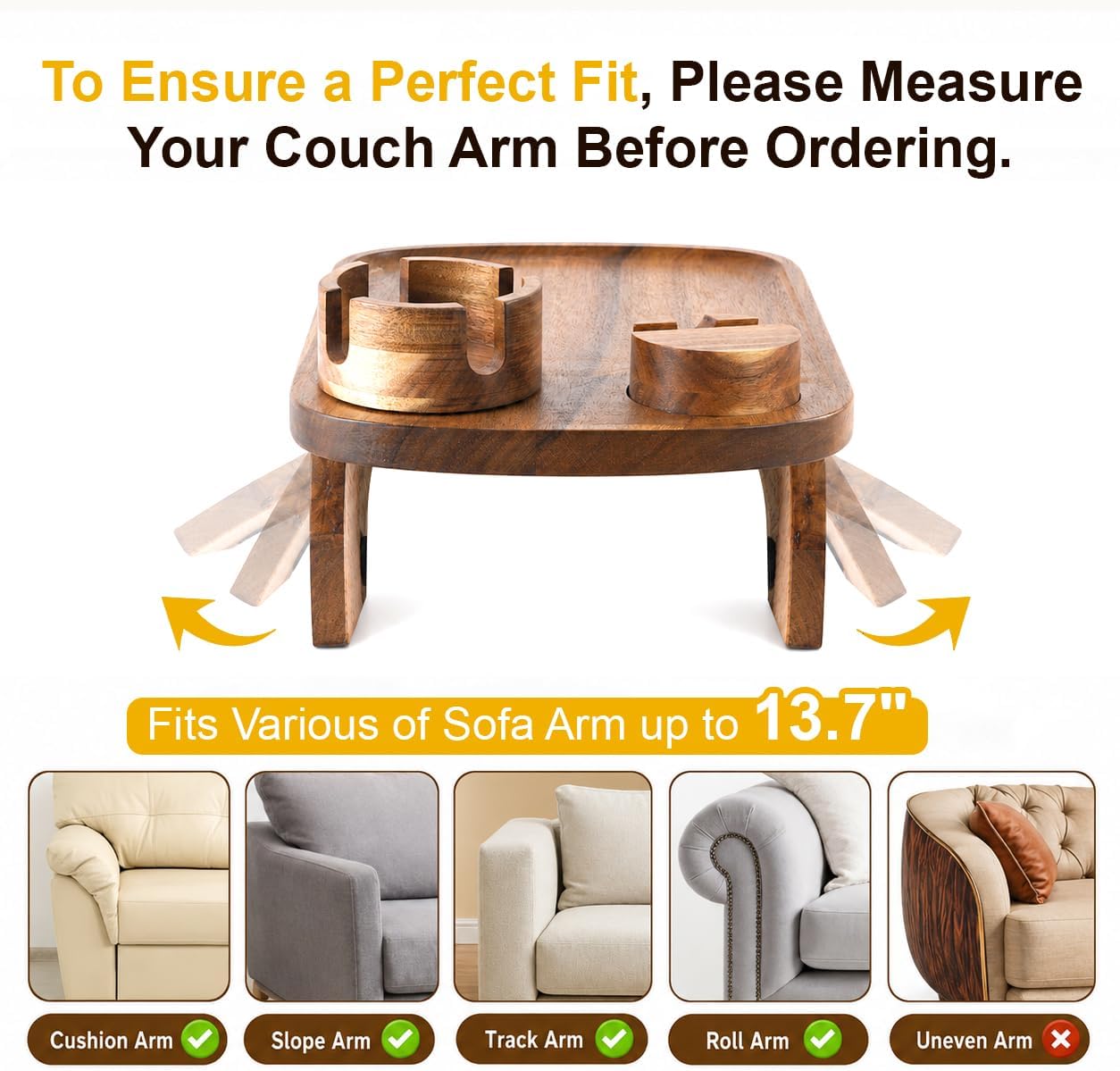 Couch Armrest Table,3-in-1 Clip On Acacia Wood Sofa Armrest Tray