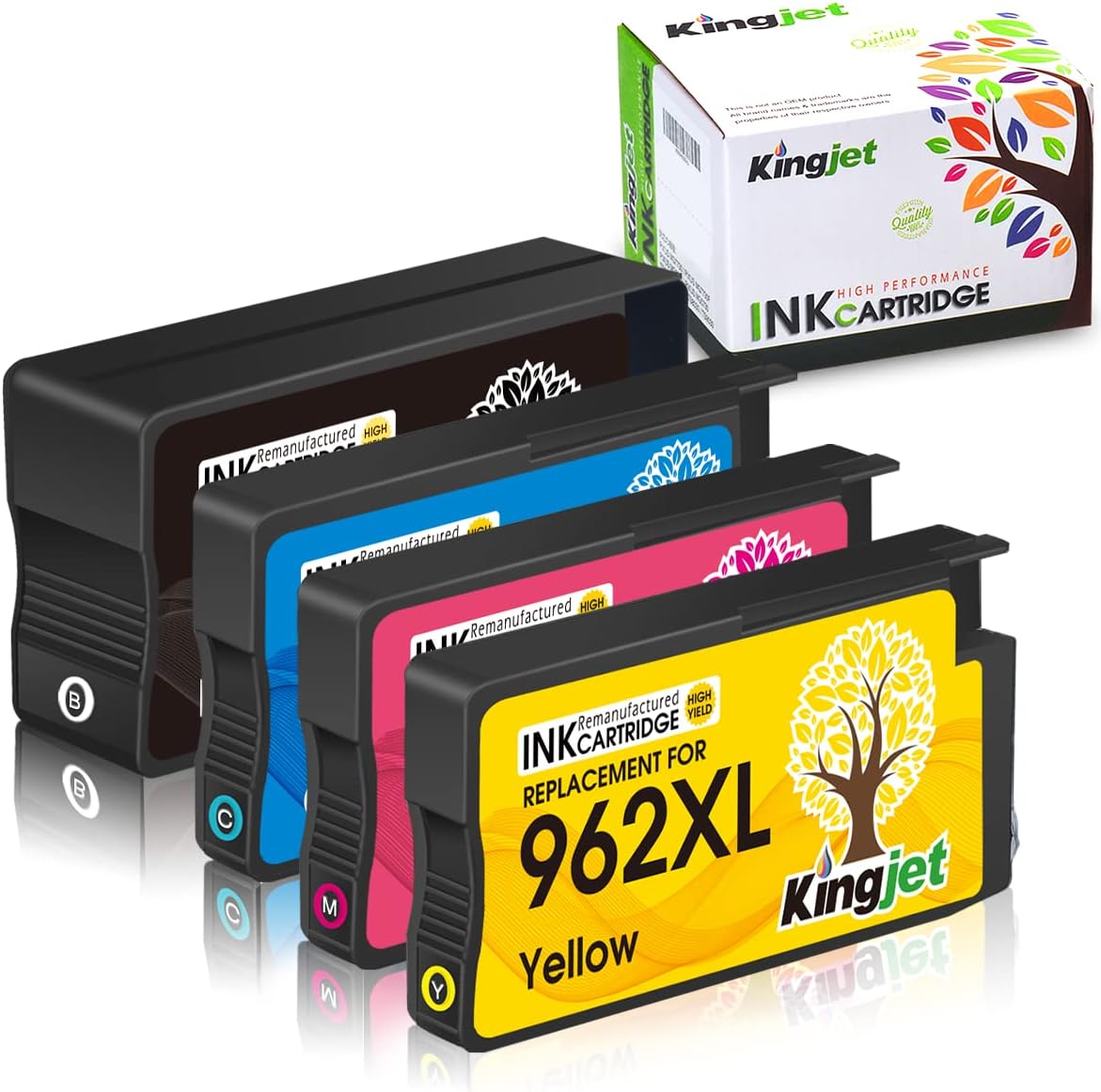 Kingjet Remanufactured for HP 962XL Ink Cartridges Combo Pack Replacement for HP 962 962XL 962 XL for HP OfficeJet Pro 9015 9025 9018 9010 9012 9014 9020 9022 9026 9027 9028 Printer, 4 Pack