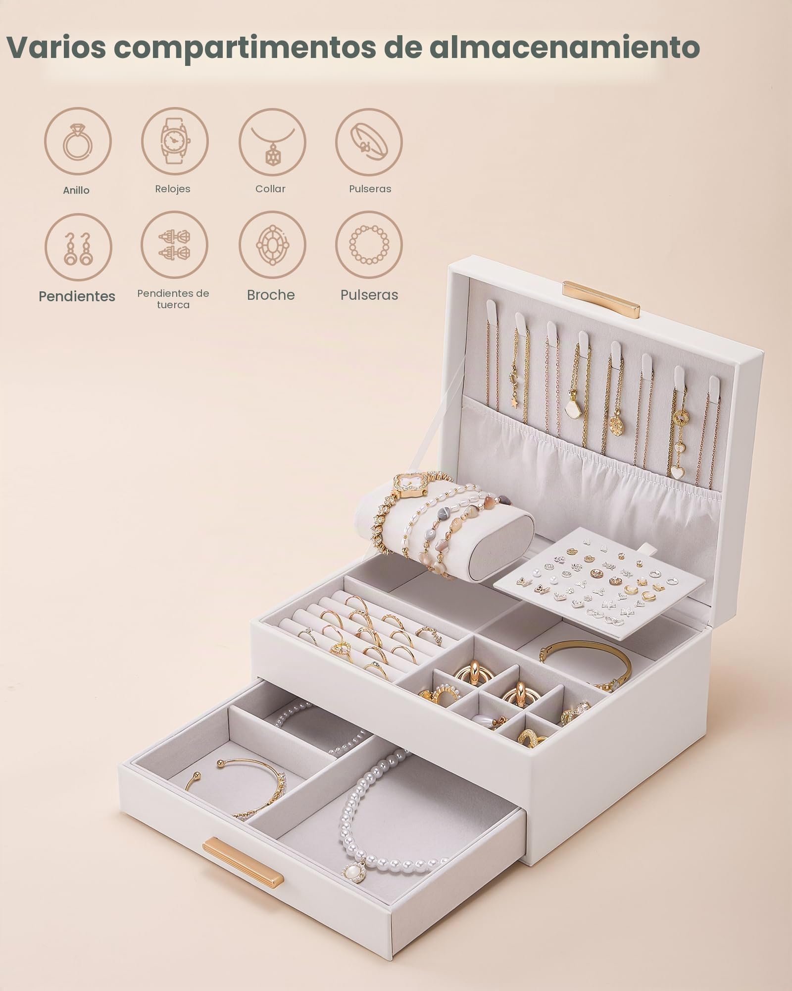 Lolalet Caja para Joyas de Doble Capa, Estuche Joyero Organizador para Joyería Collares Anillos Aretes Pulseras Relojes Regalo Ideal para Mujer -Blanco