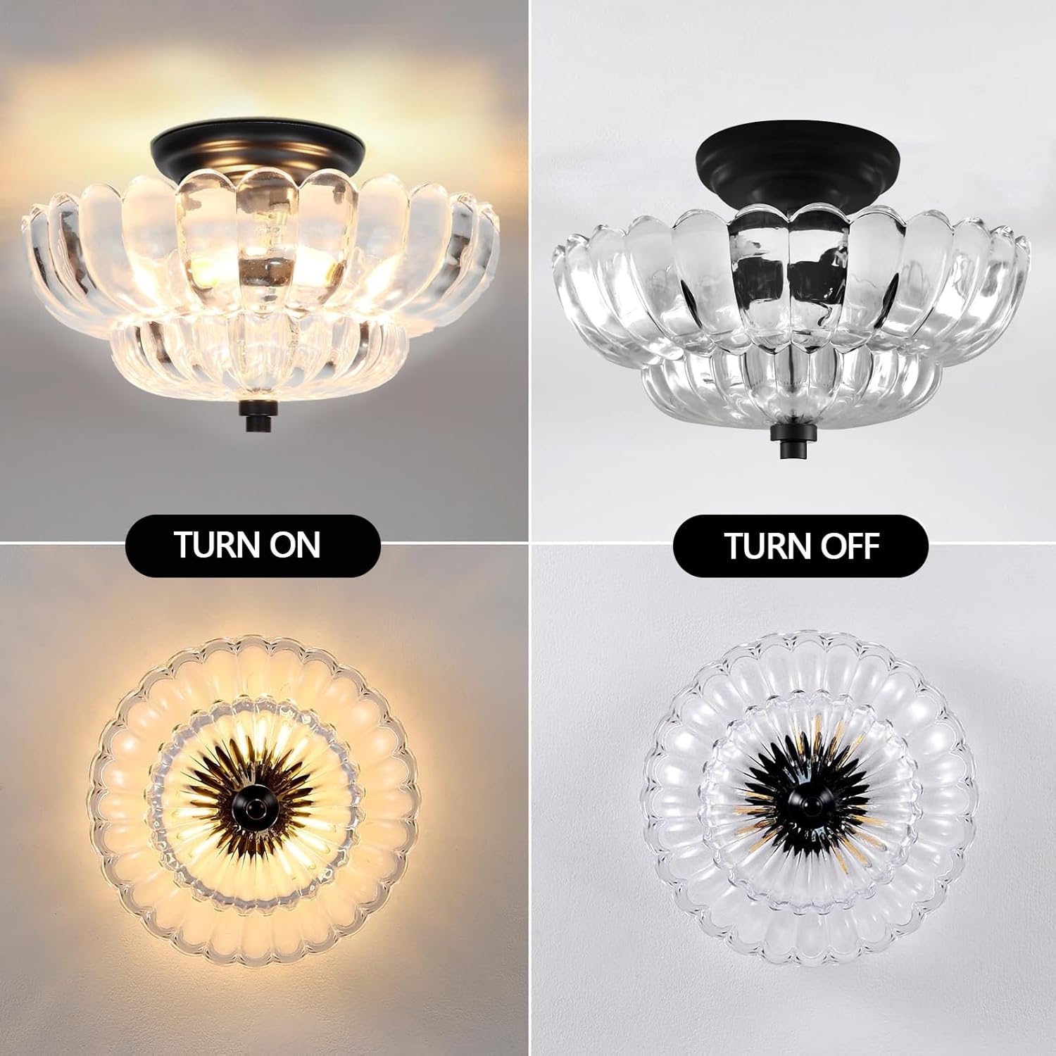 Vintage Ceiling Light, Black Semi Flush Mount Lighting with Scalloped Clear Glass Shade, Hallway Light Fixtures Ceiling Mount, Modern Farmhouse Chandelier for Kitchen Bathroom, 3 Lights