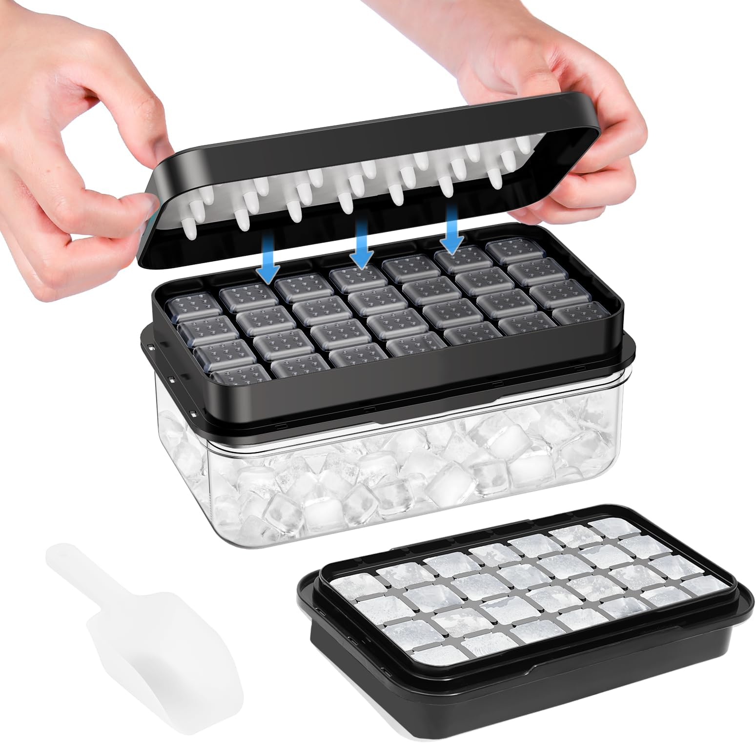Ice Cube Tray with Lid and Bin, 28 pcs Ice Cubes Molds, Ice Trays for Freezer, Ice Cube Tray Mold, with 1 tray, Ice Freezer Container, Spill-Resistant Removable Lid & Ice Scoop, for Whiskey,Cocktail