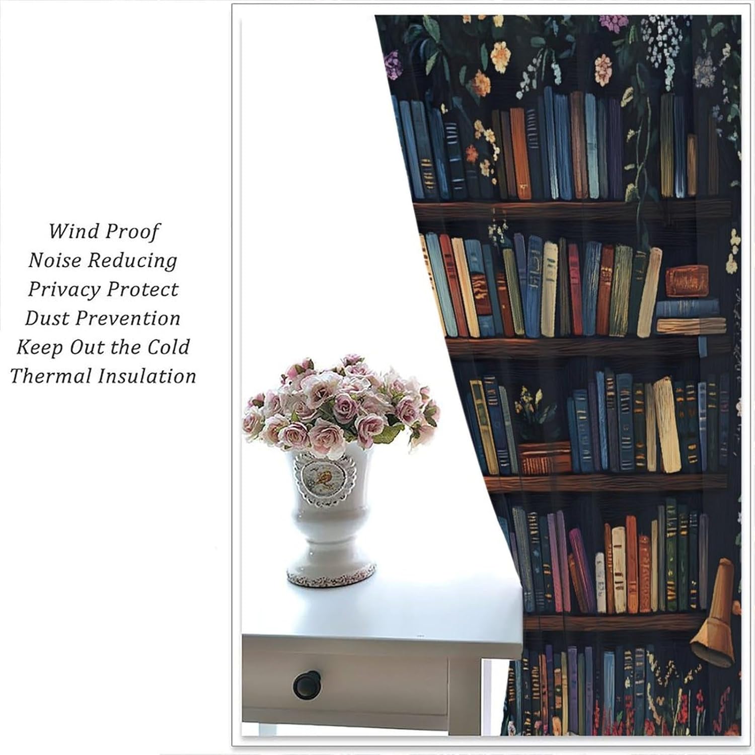 Bookshelf Curtains, Vintage Flowers Medieval Style Bookshelf Home Decor Drapes Bedroom Living Room Rod Pocket Window Treatment 2 Panel Set Total Size 84" W X 84" L Inch