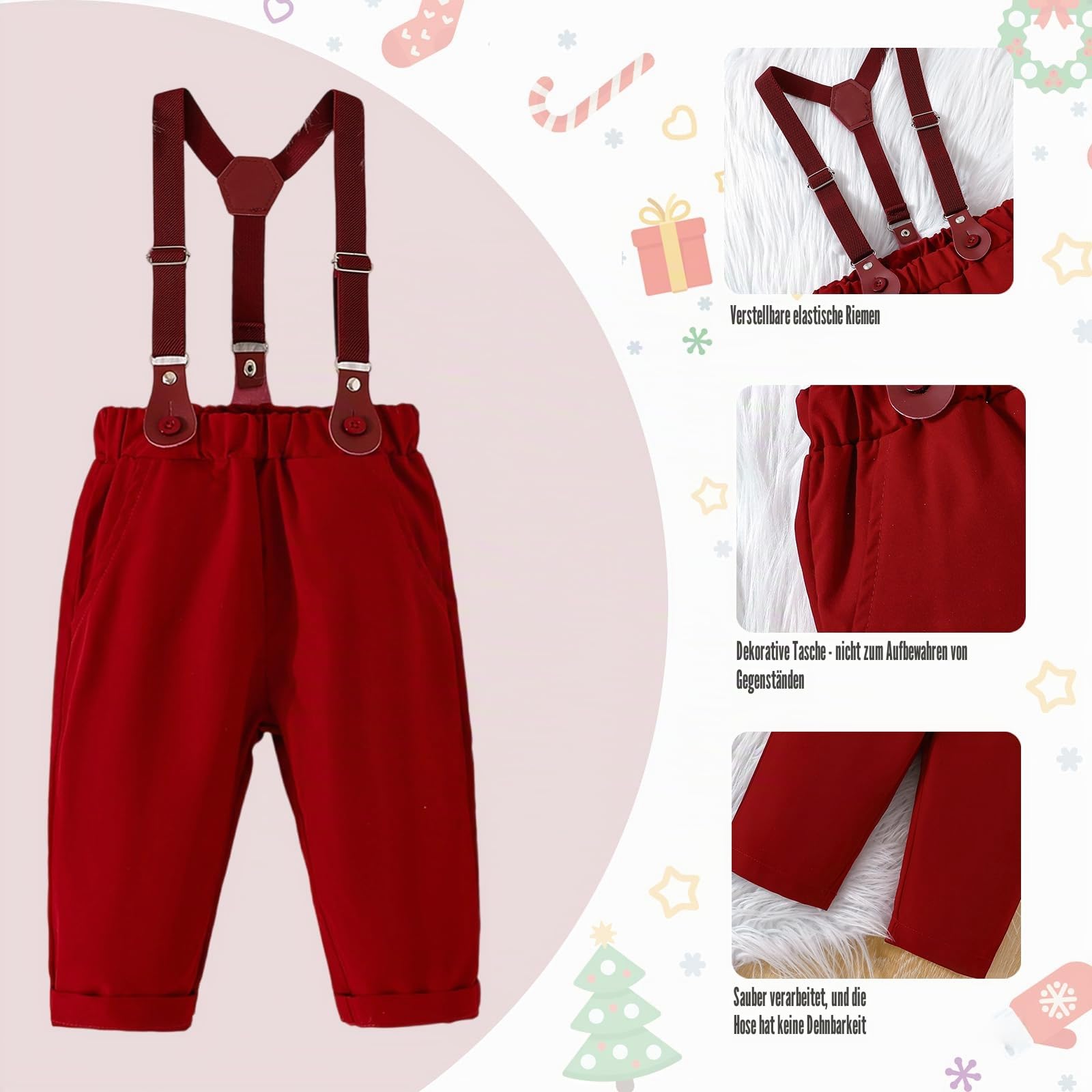 Weihnachtsoutfit für Jungen Kleinkind-Festtagskleidung 4-teiliges Gentleman-Set Body Fliege Hut & Hose mit Hosenträgern