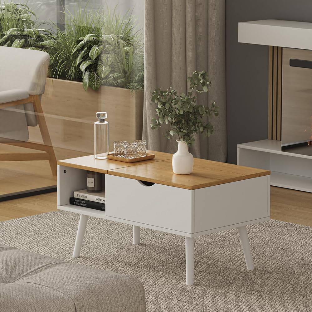 Vicco Couchtisch Stora, Weiß/Eiche, 76 x 45 cm | mit Liftfunktion, höhenverstellbarer Tischplatte und offenem Ablagefach