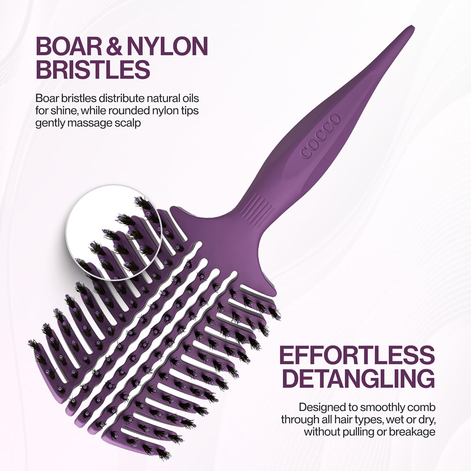 COCCO Aura Vent Boar Brush | Vented Dual-Curved Design for Faster Drying, Effortless Detangling & Shine, Boar + Nylon Bristles, Ergonomic Comfort Handle for Wet & Dry Hair Styling - Purple - Image 5