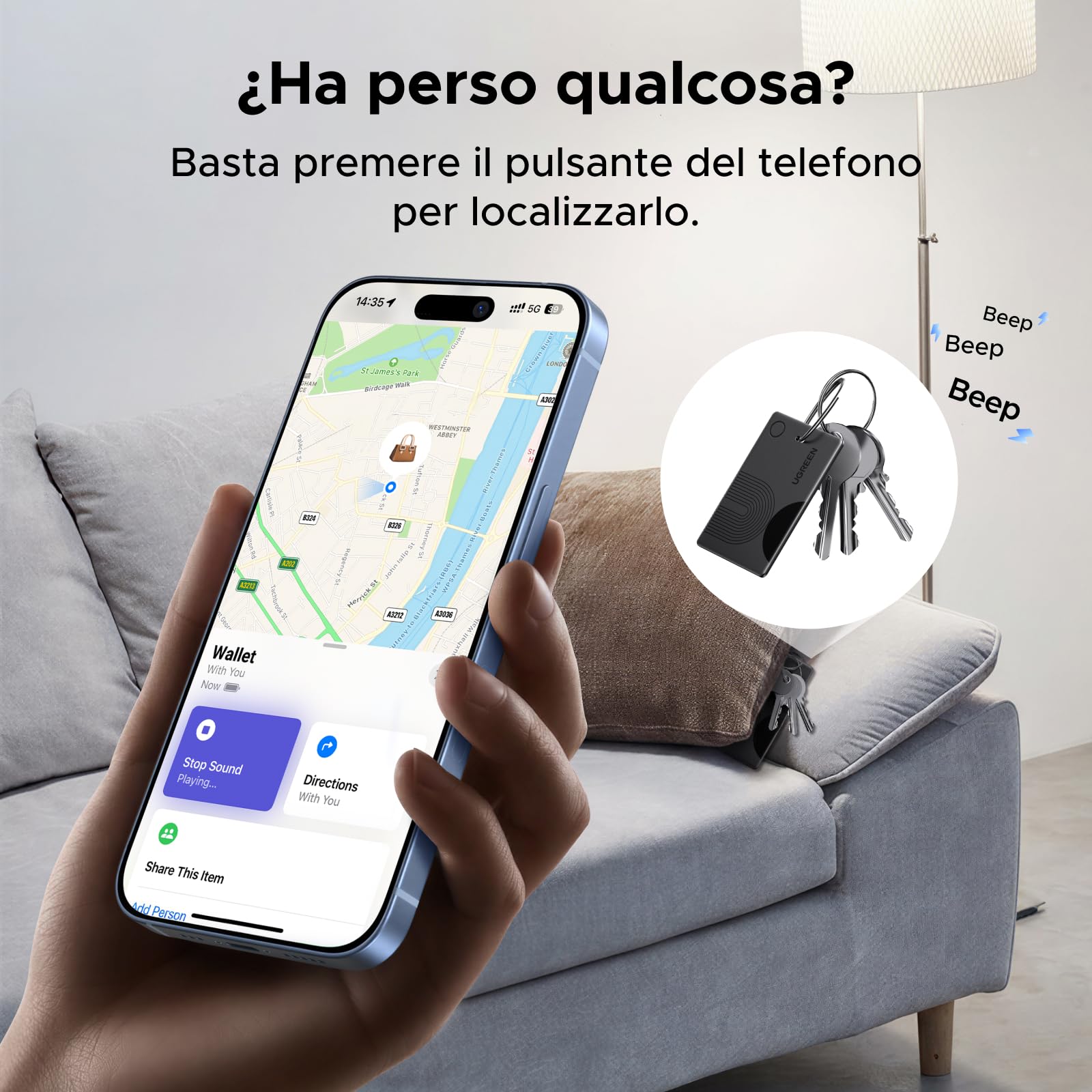 UGREEN FineTrack Slim Finder Tag Tracker Ricarica Senza Fili Localizzatore Bluetooth Compatibile con Apple Find My (Solo iOS) Ultra Sottile 1,7 mm Localizzatore Impermeabile IP68 per Portafoglio