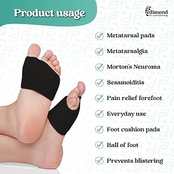 Pedimend Metatarsal Pads for Women and Men Ball of Foot Cushion - Gel Sleeves Cushions Pad - Fabric Soft Socks for Support Feet Pain Relief Black Large (UK 6-11)