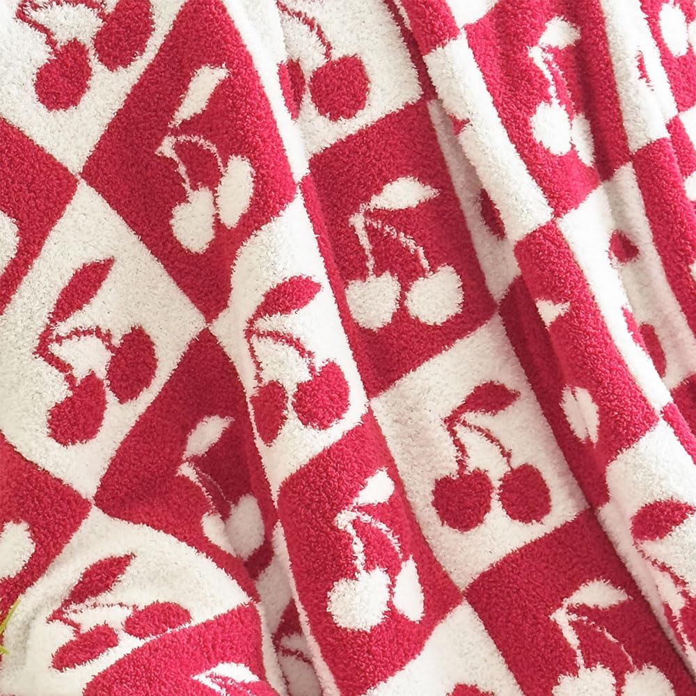 Ultra Soft Cozy Fluffy Microfiber Checkered Knitted Throw Blanket Cherry Checkerboard Double Sided Lightweight Warm Bed Blanket for Valentine's Day Mother's Day Birthday Gifts 50x60 Inch Red (Red)