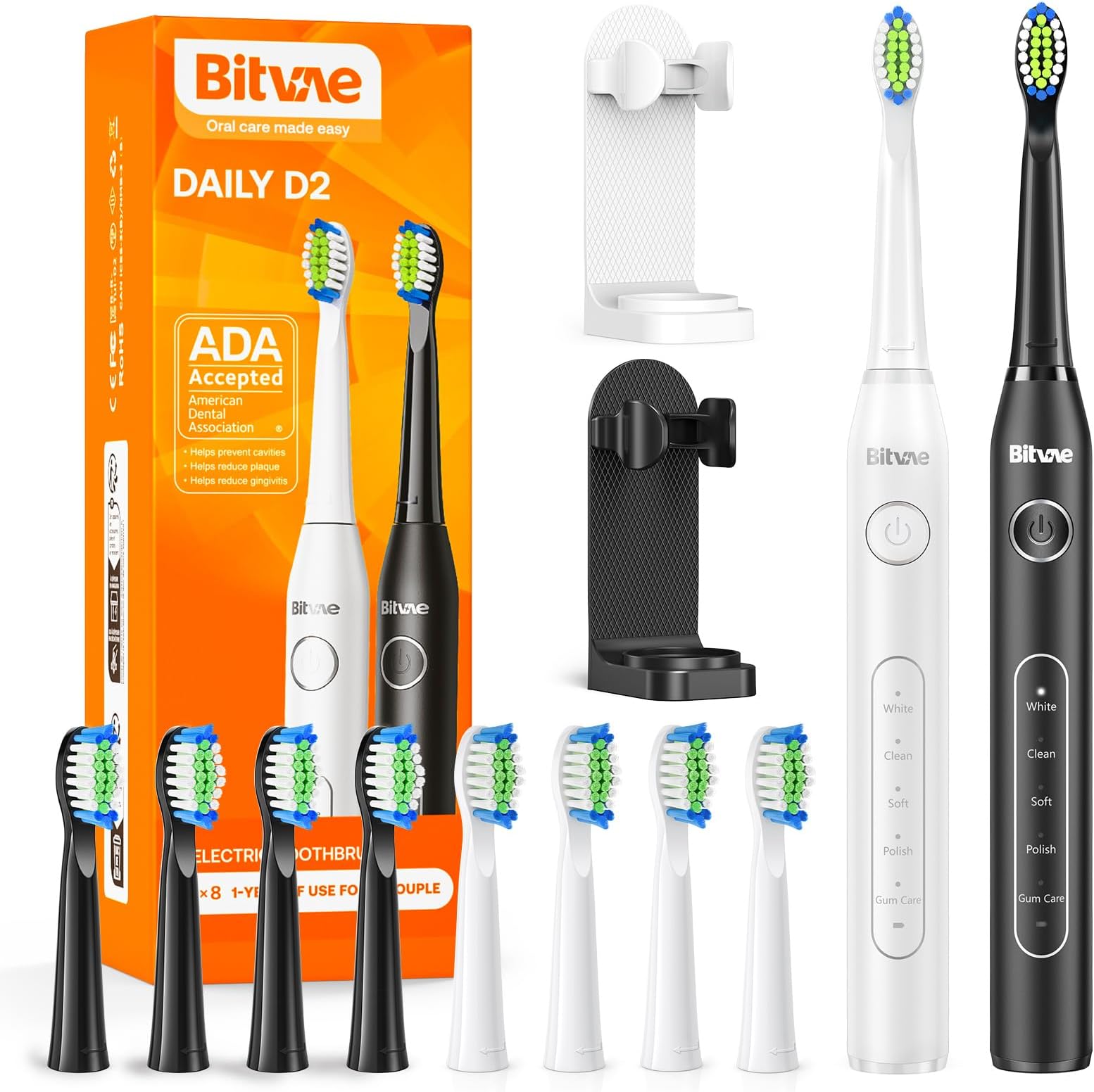 BitvaeElectric Toothbrushes 2 Pack Sonic Toothbrush with Holders, Dual Ultrasonic Electronic Toothbrush 8 Brush Heads 5 Modes, Rechargeable Power Toothbrush for 30 Days Using, Black & White