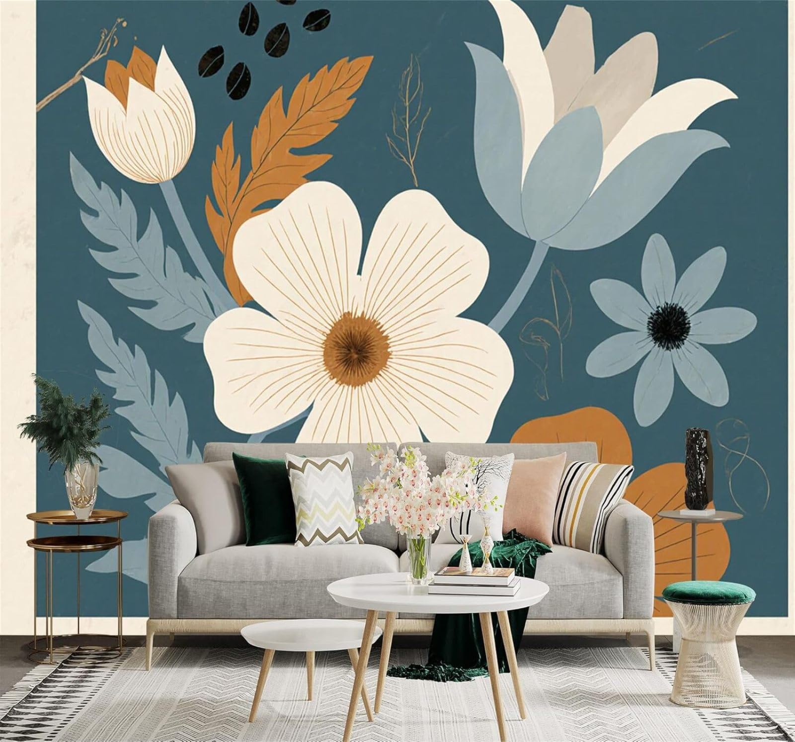 Xlming 400Cm×280Cm(B×H) Creative Blue Orange Plants Flowers 3D Wallpaper Silky Texture Home Study Office Grey Dining Room Sofa Bedroom Living Room Tv Backdrop-400Cm×280Cm