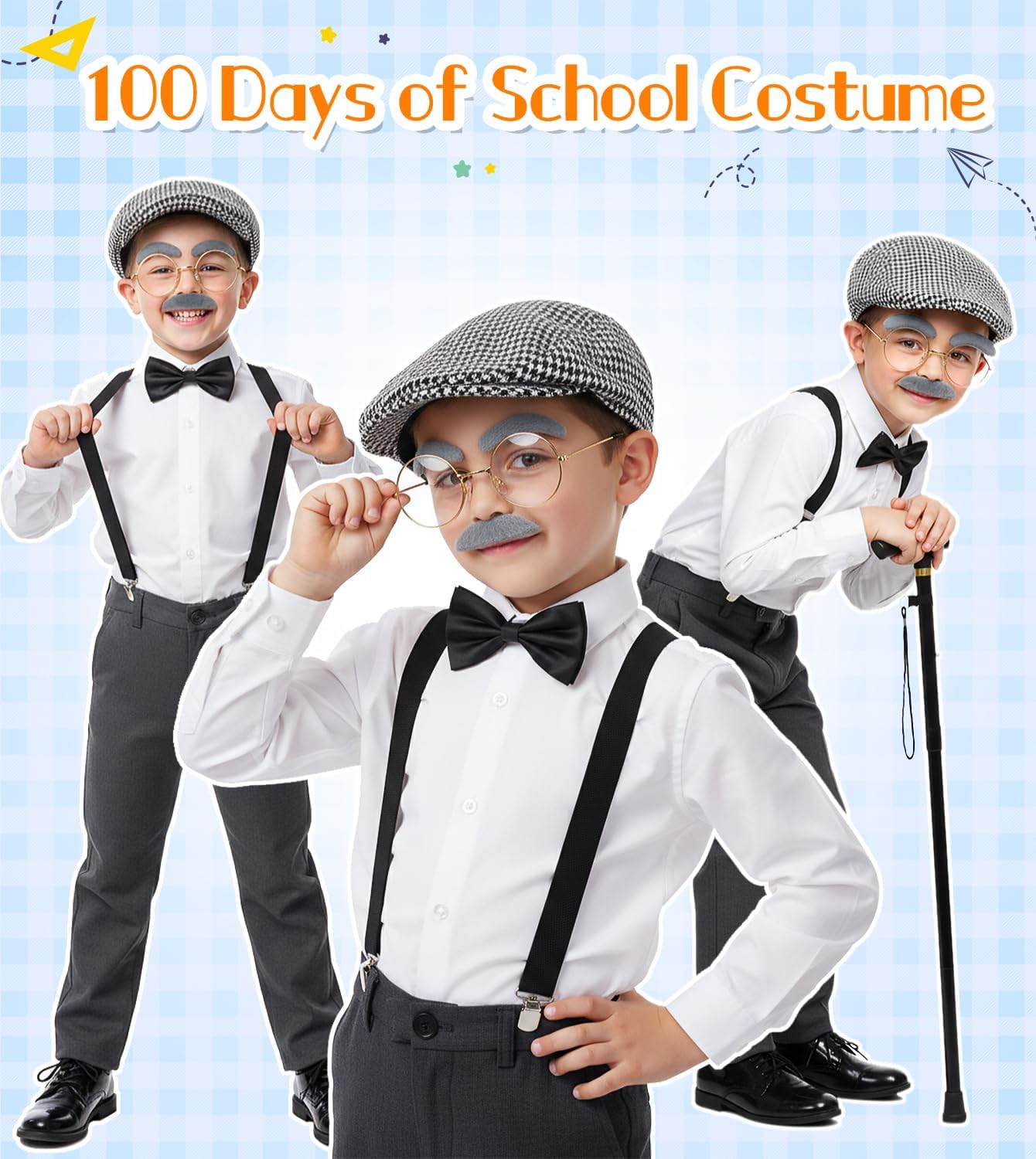Old Man Costume for Kids–100 Days of School Costume with Hat,Glasses,Suspenders & Cane - Image 6