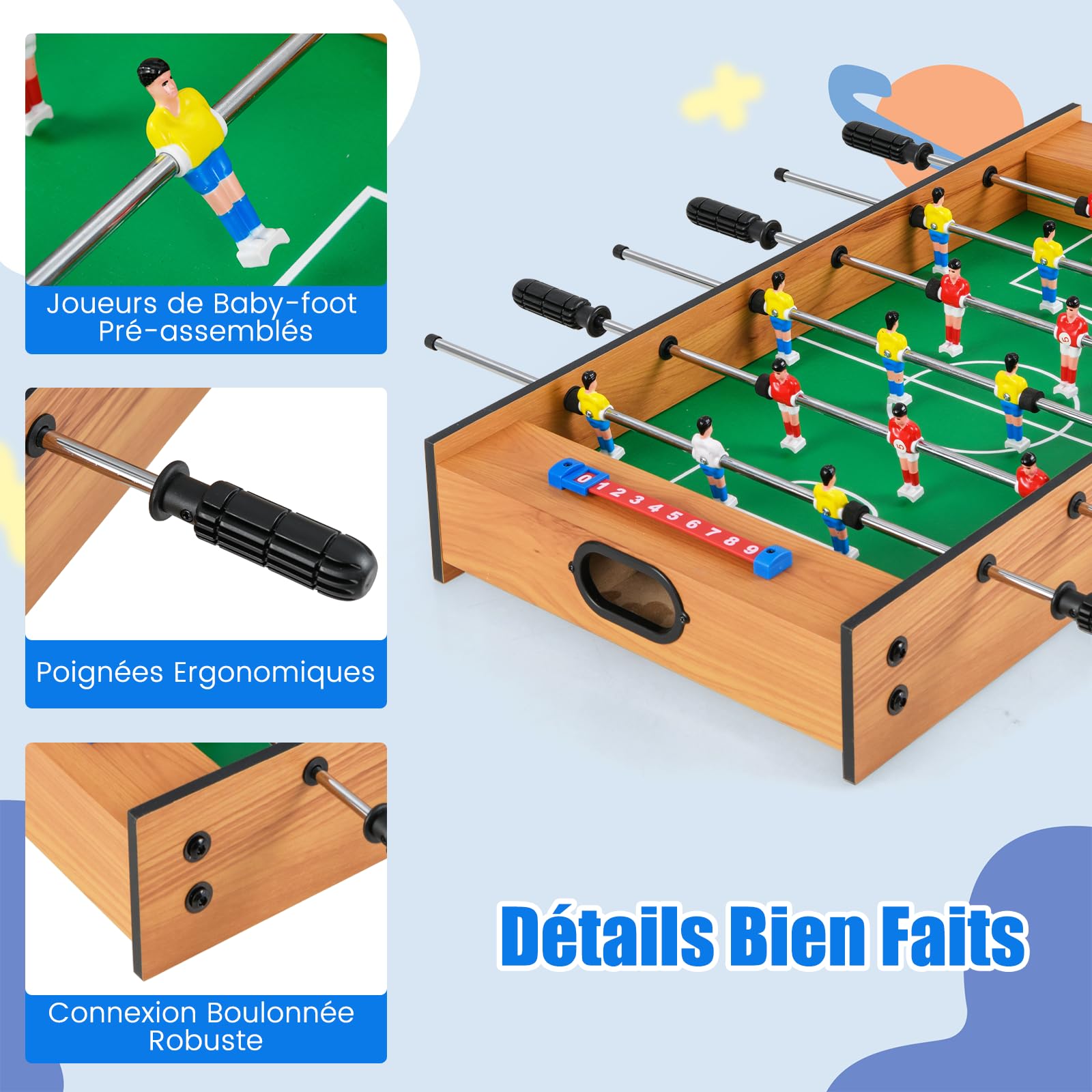 COSTWAY 2 en 1 Baby-Foot en Bois avec Air Hockey & 18 Joueurs, Table de Jeu avec Poignée Antidérapante & 2 Ballons & 2 Palets & 2 Poussoirs, Jouet d'Arcade pour Fête Bar Salle de Jeux