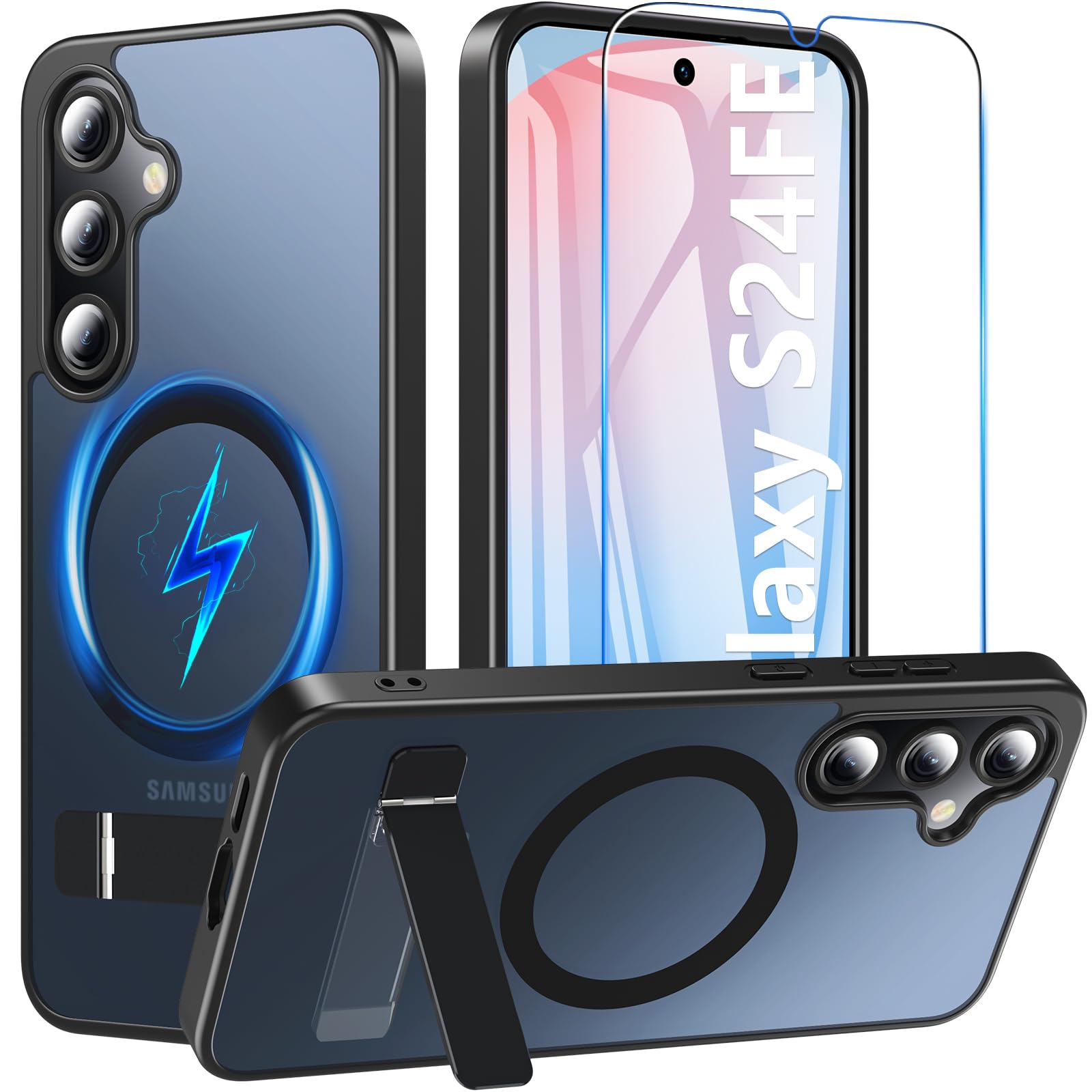OWKEY Magnetic for Samsung Galaxy S24 FE Case with Adjustable Kickstand & Screen Protector, Galaxy S24 FE Phone Case, Shockproof Military Grade Drop Protection, Translucent Matte Back Case, Black Galaxy S24 FE S24FE-Black