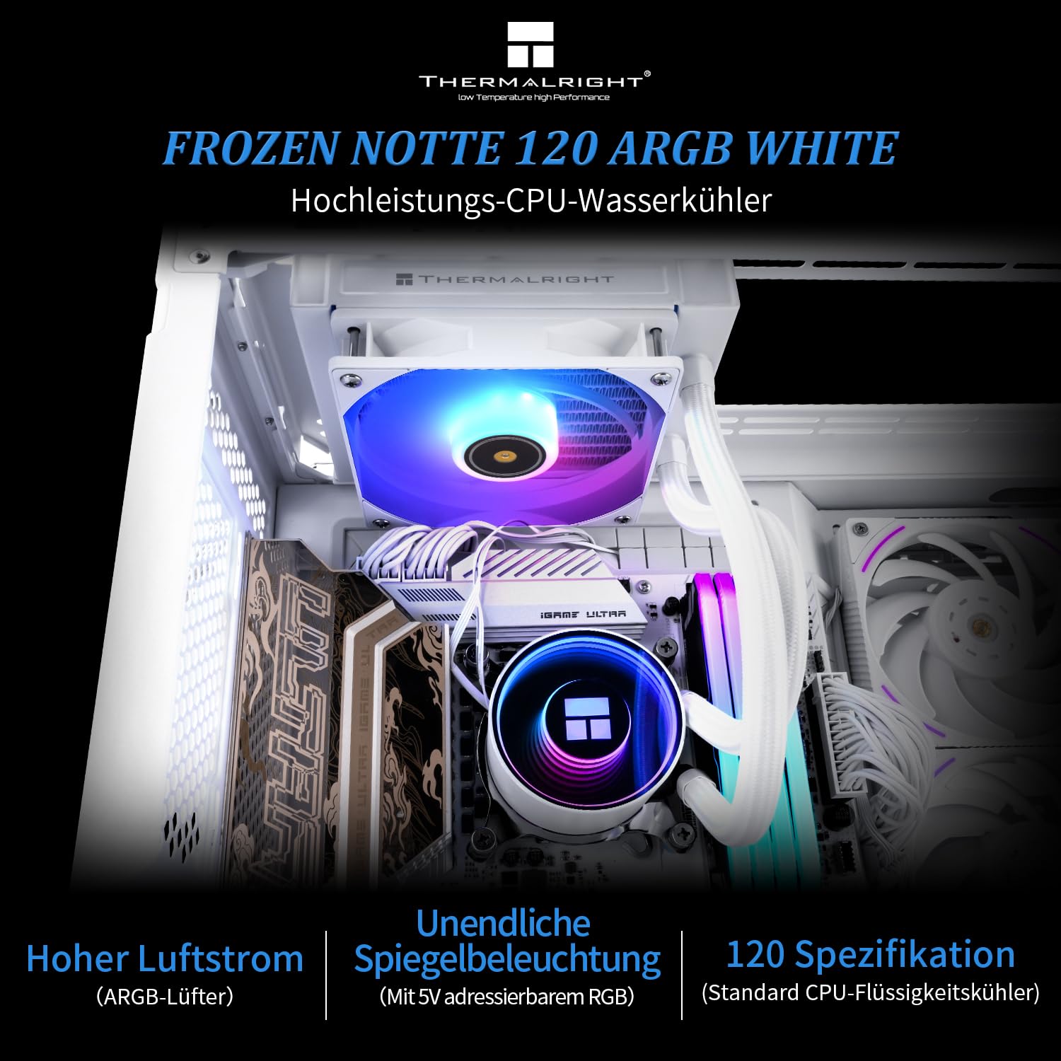 Thermalright Frozen Notte 120 ARGB White CPU enfriador de agua, refrigeración por agua ARGB, cabezal frío ARGB, adecuado para AMD:AM4/AM5,Intel LGA 1700/1851/1150/1151/1200