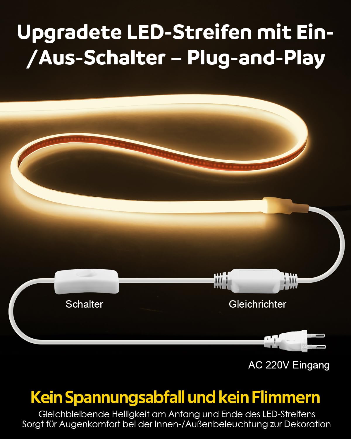 Aclorol COB LED Streifen Warmweiß 230V 15M 3000K LED Strip Wasserdicht IP67 | LED Band mit Schalter und 1,5M langes Anschlusskabel, Plug & Play, für Terrasse Garten Balkon Carport Außenbeleuchtung