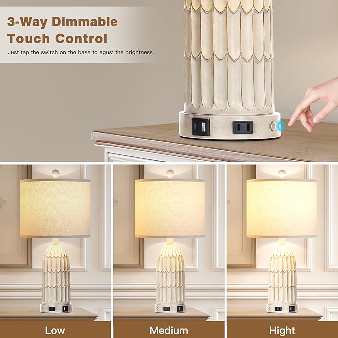 Cinkeda Farmhouse Table Lamps Set of 2, 3-Way Dimmable Touch Lamp for Bedroom Nightstand with USB A+C Ports & AC Outlet, White Vintage Boho Bedside Lamp for Living Room End Table (Bulbs Included) photo 5