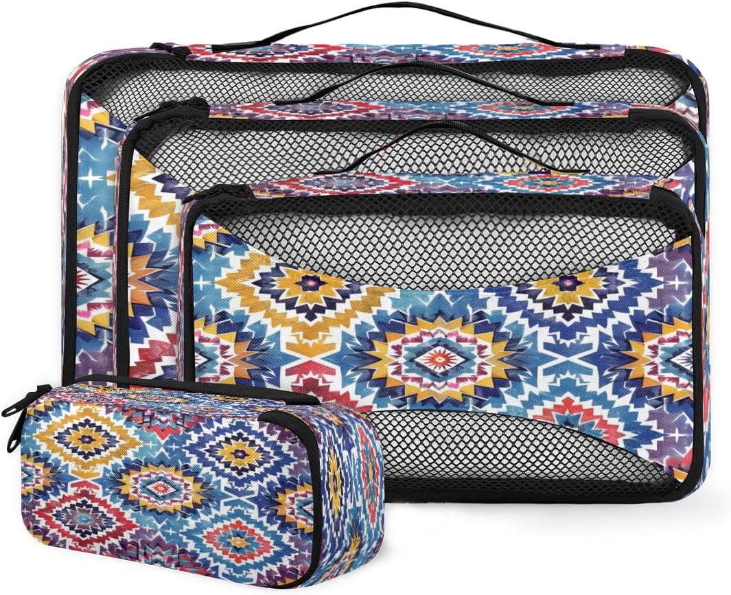 Color Tribal Print 4 Set Packing Cubes Packing Cubes for Women Lightweight Travel Essential Bag Clothes Carry on Suitcase Bags for Accessories Essentials