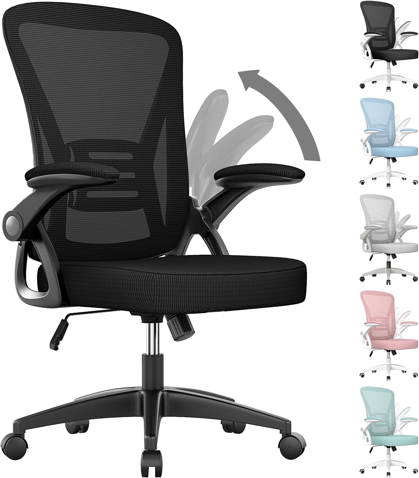 Office Chair Ergonomic Desk with 90° Flip-up Armrest Lumbar Support, Height Adjustable Chair, Executive Swivel Computer Padded Seat Cushion for Home/Office