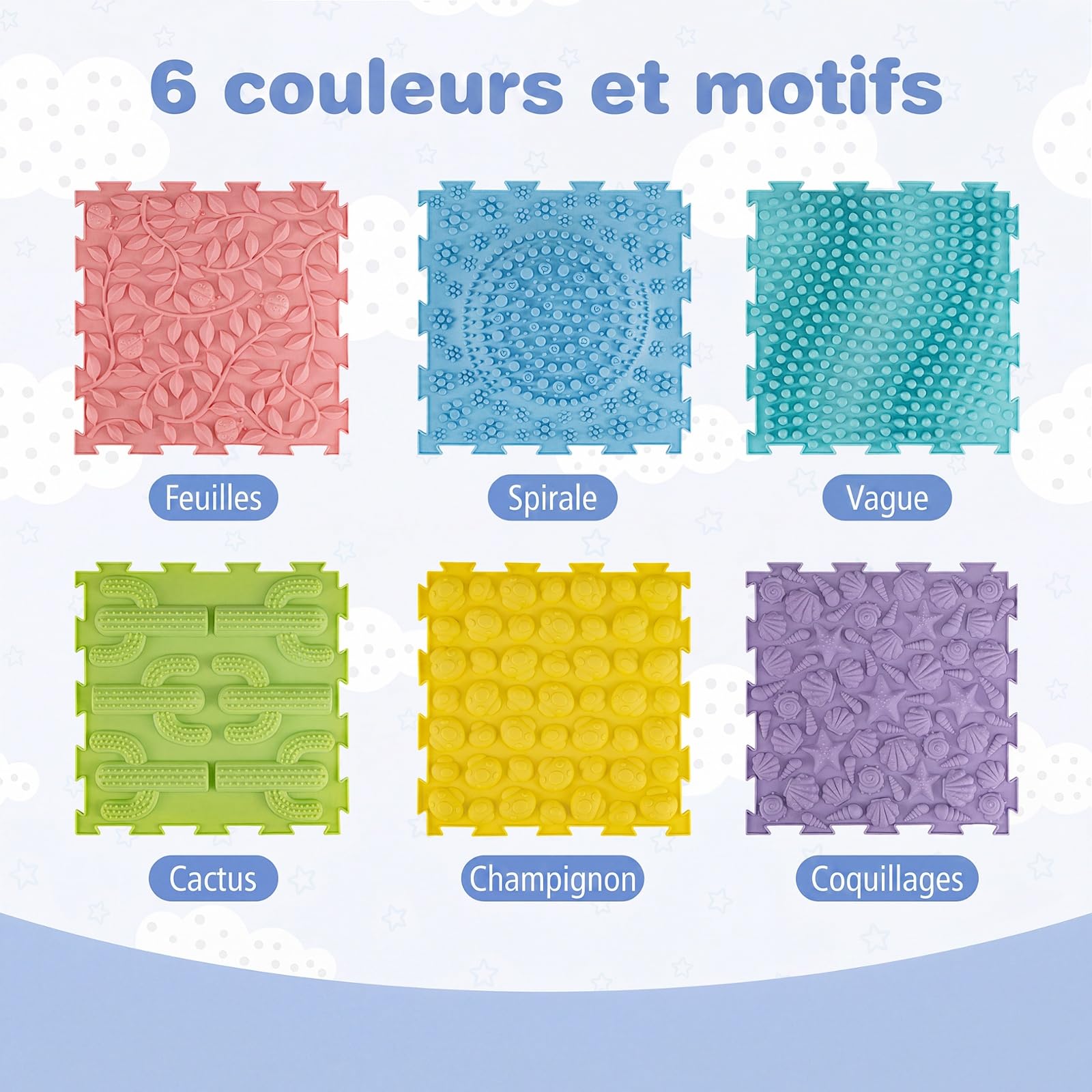 COSTWAY 6 Pièces Dalles Sensorielles Montessori Bébé en TPE (Macaron) | Éveil Sensoriel et Développement de la Motricité, Design Empilable et Antidérapante, Tapis Sensoriel Orthopédique, 30x30cm