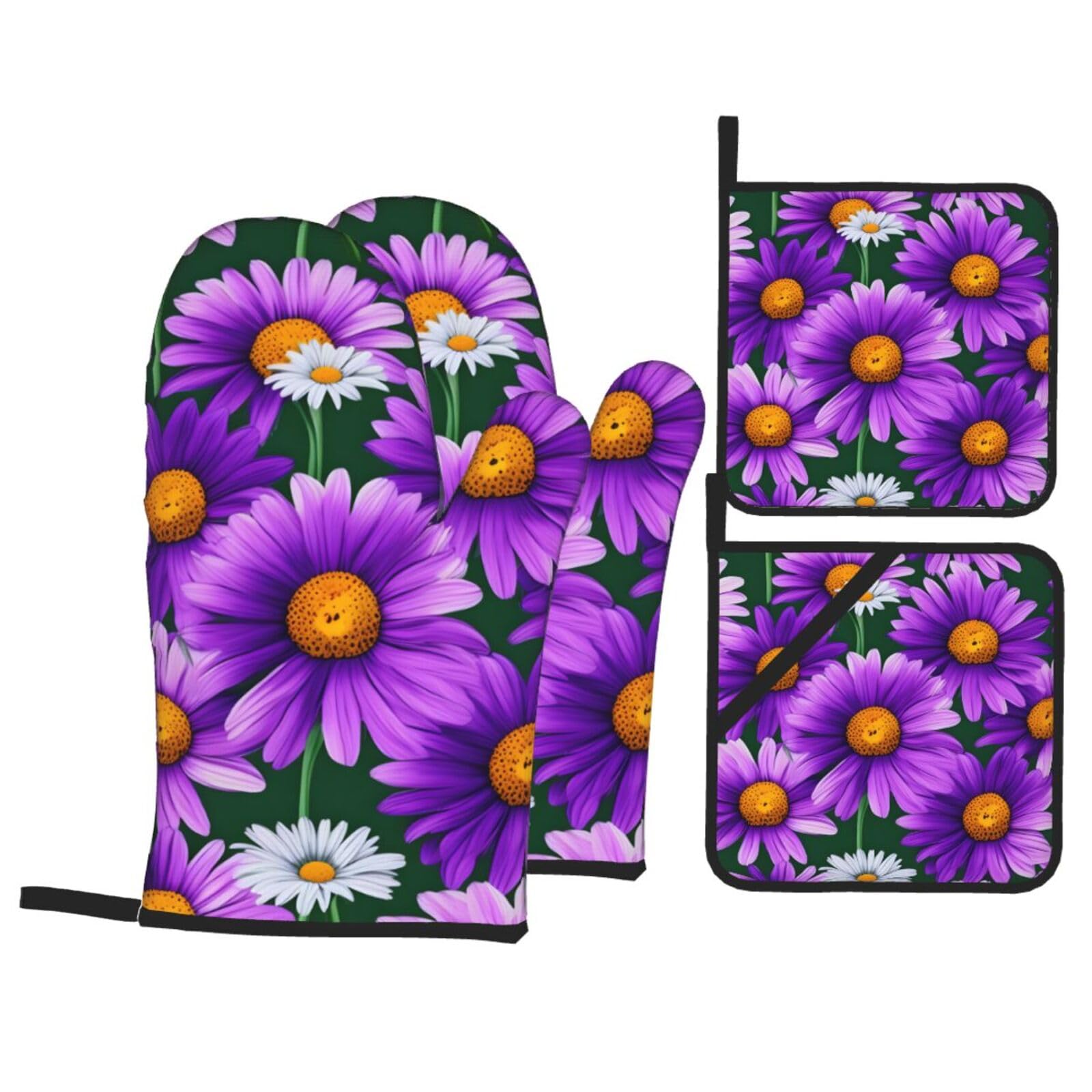 Purple Daisy Print 4-Piece Oven Microwaving Set Waterproof Kitchen Gloves for Baking Grilling Cooking